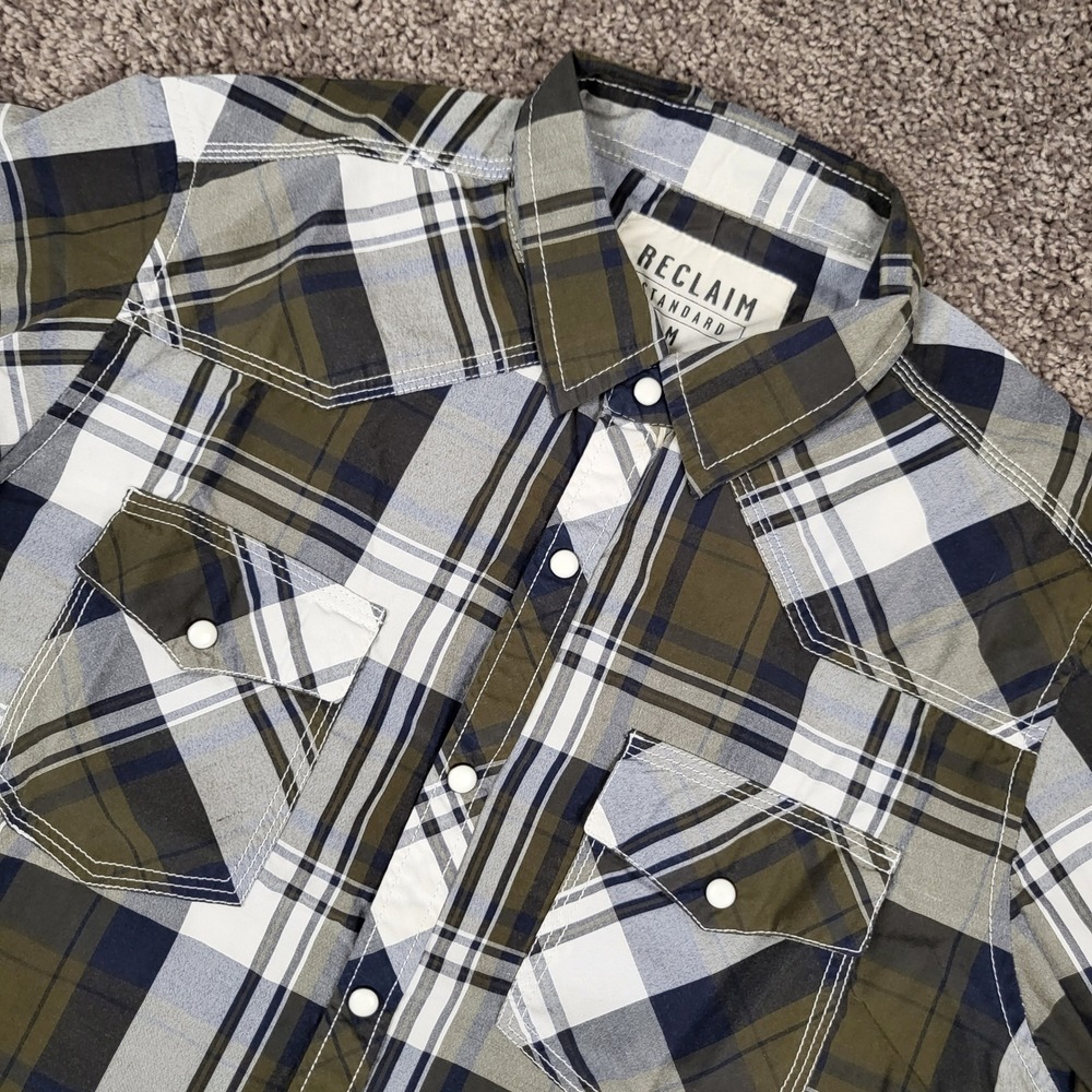 Reclaim Standard Men's Pearl Snap Shirt LS Plaid Western Yoke Green Blue M
